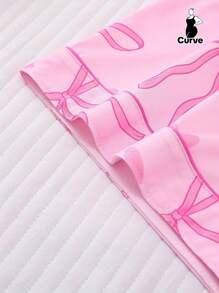 2pcs Plus Size Women Pajama Set, Bow Print Short Sleeve Shirt Collar Button Up Top And Loose Elastic Shorts, Suitable For Overweight, Holiday Party Sleepwear, Casual Home & Outdoor Comfortable Women Loungewear