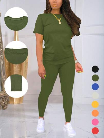 Solid Color Short Sleeve T-Shirt And Pants Set For Women