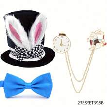 3 件复活节兔子服装套装 - 毛绒白兔子高顶帽配格纹带、金色怀表和蓝色蝴蝶结 - 涤纶混纺，无需电源 - 非常适合复活节、万圣节和圣诞节装扮派对，万圣节服装套装 | 俏皮服装设计 | 装饰性蝴蝶结，兔子配饰 - 彩色 - 查看 1