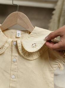 1pc Girl Embroidered Short Sleeve Solid Color Casual Blouse Top, Cute Doll Collar Shirt, School Style Children Clothing - Beige - View 6