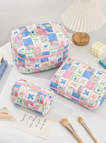 1Pc/Set Colorful Joint Grid Bow Flower Pattern Multifunctional Cosmetic Storage Organizer, Portable And Large Capacity Cosmetics Brush Storage Clutch With Zipper Closure For Lipstick, Brush, Skincare, Mobile Phone, Coin, Small Items, Travel Essentials Cruise Essentials Dorm Essentials,Mom Gifts,Birthday Gifts,Gifts For Friends And Teachers - Multicolor - View 3