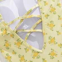 Women's Monokini One-Piece Swimsuit Summer Sleeveless Spaghetti Strap Floral Print Bathing Suit Swimwear - Yellow - View 6