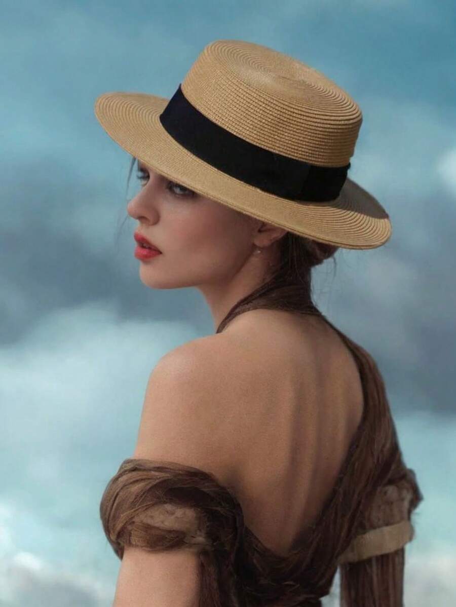 1pc Flat Top & Brim Black Webbing Straw Hat - Khaki - View 1