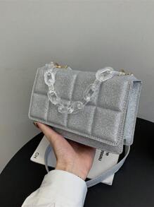 A Mini Fashionable And Simple Plaid-Embossed Acrylic Square Bag, A Coin Bag That Can Be Worn On One Shoulder. Suitable For Daily Use, Going Out, Traveling, Shopping, Gatherings, Parties. Give It As Birthday Gift To Friends.