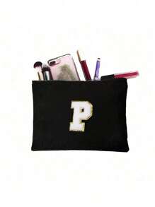 1 件化妆包钱包姓名首字母 A-Z 字母图案洗漱用品收纳袋拉链手机袋铅笔袋手提包旅行必需品女孩礼物化妆工具化妆刷收纳袋学校用品携带方便化妆包化妆品收纳袋