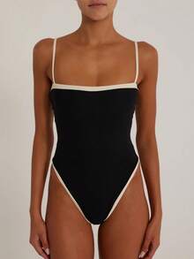 Women's Contrast Spaghetti Straps Modest Tummy Control One Piece Swimsuit For Summer Beach Outfit - Black - View 8