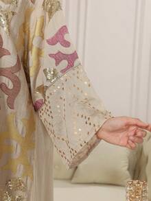 Elegant Embroidered Beaded Abaya Dress, V-Neck, Luxurious Design, Suitable For Saudi National Day, Latest 2025 Collection - Beige - View 6