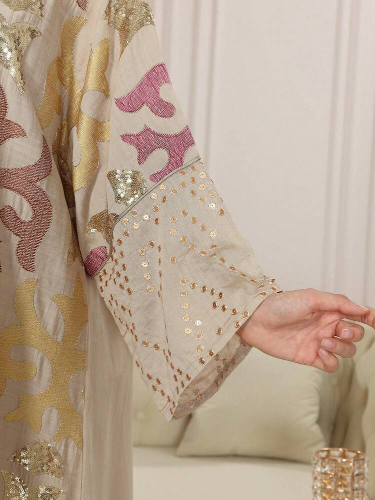 فستان عباية مطرز بالخرز أنيق، ياقة على شكل حرف V، تصميم فاخر، مناسب لاحتفالات اليوم الوطني السعودي، مجموعة 2025 الأحدث - بيج - مشاهدة 5