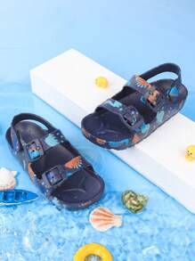 儿童沙滩拖鞋，夏季套脚凉鞋，女童露趾凉鞋，透气水鞋，印花，魔术贴，户外鞋 - 藏蓝色 - 查看 4