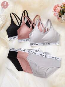 3SETS Ladies Letter Printing Hollow Cross Suspender Underwear Lingerie Set, No Steel Ring, Comfortable And Breathable Back Design, Sports Vest Underwear Lingerie Set.