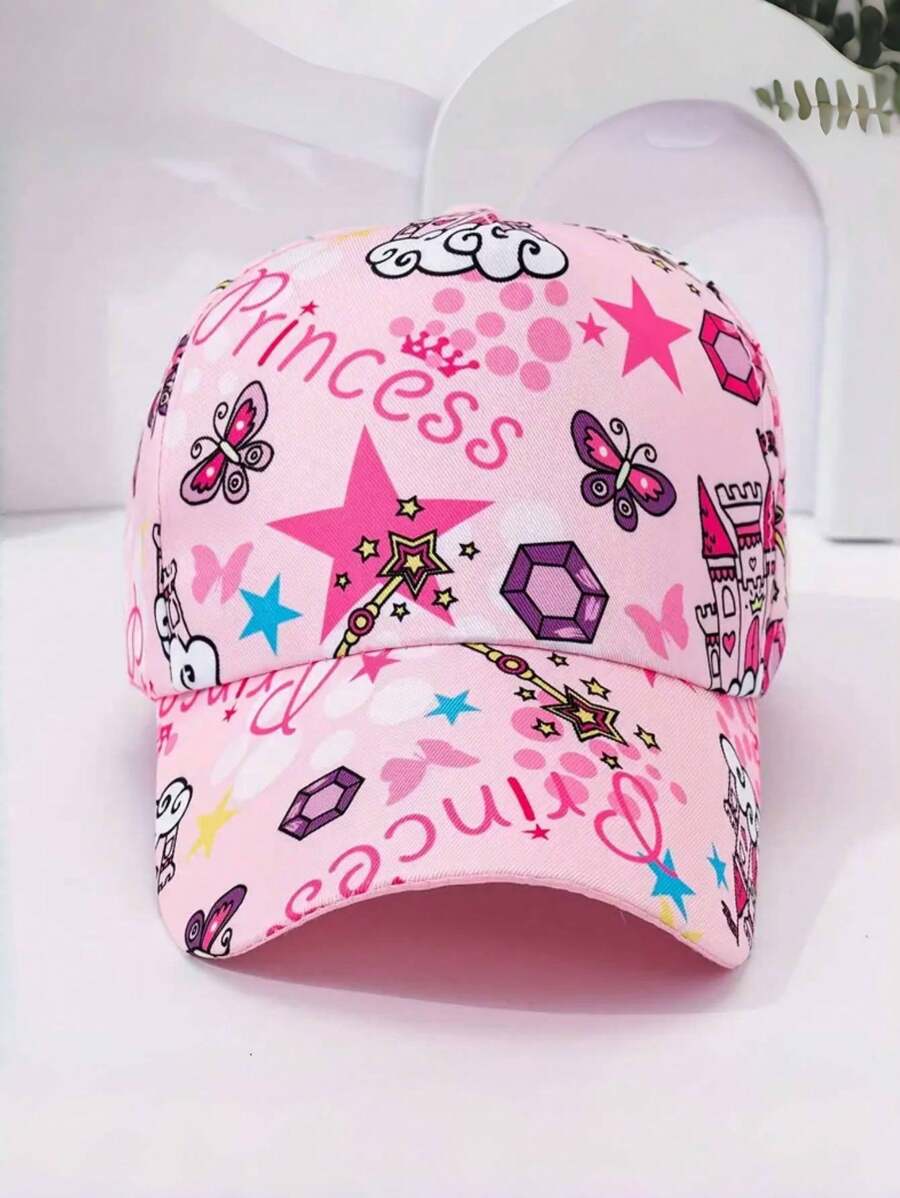 1pc Children's Princess Gemstone & Butterfly Print Cute Y2K Style Breathable Baseball Cap, Adjustable Outdoor Sports Visor Hat, Suitable For Daily Outfit And Holidays