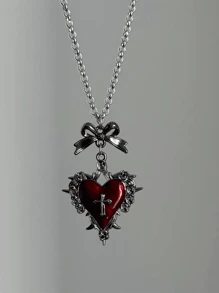 1pc Gothic Punk Style Red-Black Heart, Butterfly, Cross Pendant Necklace, Vintage Inspired Y2K Aesthetic Choker For Women - Multicolor - View 3
