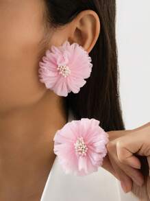 1 对时尚百搭夏季花卉面纱耳钉，适合女士日常佩戴 - 卡其色 - 查看 2