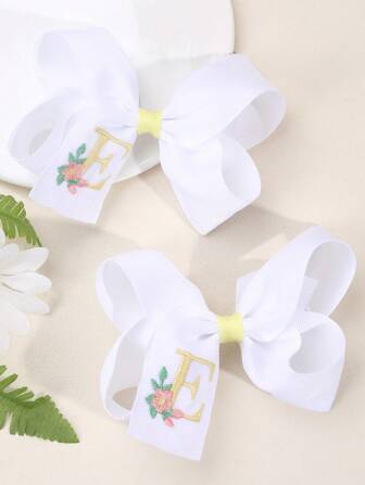 2PCS Spring And Summer Cute Flower Embroidered 26 Letters Bow Hair Clips For Children, Duckbill Clip Girl Hair Accessory Suitable For Daily Decoration