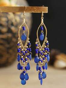 女士金色、蓝色和绿色叶子水钻吊坠耳环 - 闪耀晚宴珠宝 - MS414 - 查看 8