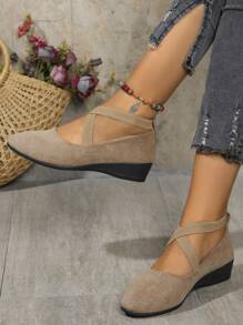 Zapatos casuales de mujer con cuña, puntera redonda, correa elástica y slip-on, para primavera/otoño - Albaricoque - Ver 2