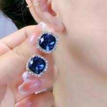 1 Pair Blue Crystal Stud Earrings, Suitable For Women's Daily Wear