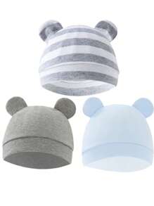 3顶新生儿熊耳帽，防抓针织婴儿帽，男女通用婴儿医院帽