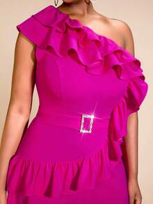 One Shoulder Ruffles Elegant A-Line Long Dresses Peplum Belly Hide Birthday Wedding Guest,Outfit For Date,Party,Wedding Dress,Bridesmaid Dress,Graduation Dress,Wedding Guest - Hot Pink - View 2
