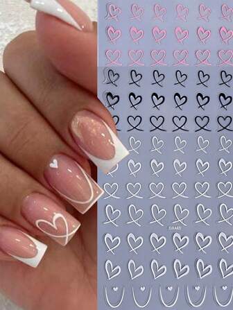 Love Shaped Nail Decoration Stickers, French Heart Shaped Nail Decoration Stickers, Pink, White, Black Love Nail Decoration Stickers, Multi-Color Nail Stickers, Hollow Heart Design Nail Stickers, Heart Pattern Nail Art Stickers, Multi-Color Love Pattern Stickers, Self-Adhesive DIY Nail Art Decoration, Suitable For DIY Valentine's Day Nail Decoration