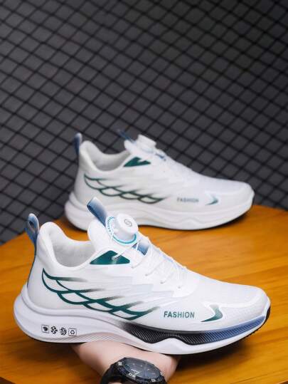 Color sólido botón giratorio diseño de los hombres de carretera zapatos para correr, patrón de rayas zapatos casuales ligeros, cómodos y transpirables zapatillas de deporte de los hombres para correr al aire libre, ciclismo, fitness y ropa casual.