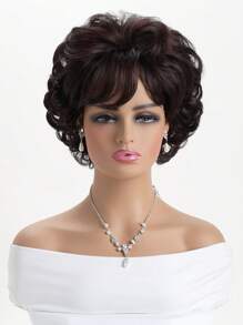 女士 10 英寸自然卷曲短棕色假发，带刘海，合成纤维，蓬松，适合日常佩戴、节日、万圣节服装、派对 - 彩色 - 查看 3