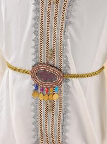 Cinto ajustável com corrente de corda estilo marroquino, borlas e strass, decoração de pérolas, adequado para várias ocasiões