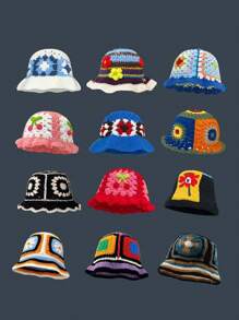 1pc Women's Handmade Crochet Bucket Hat, Colorful Handknitted Beanie Suitable For Casual Bohemian Street Wear - Multicolor - View 1