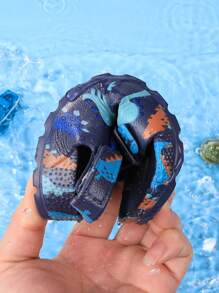 儿童沙滩拖鞋，夏季套脚凉鞋，女童露趾凉鞋，透气水鞋，印花，魔术贴，户外鞋 - 藏蓝色 - 查看 5