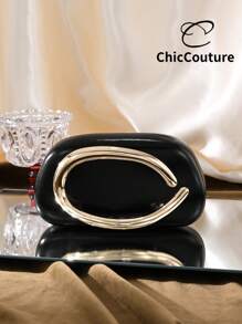 Women Elegant Retro Leather Asymmetric Mini Evening Bag, Refined Metal Bar Decor Clutch Handbag, Suitable For Formal Party, Wedding, Date, Prom - Black - View 3