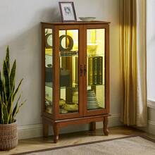 Curio Cabinet Lighted Curio Diapaly Cabinet With Adjustable Shelves And Mirrored Back Panel, Tempered Glass Doors (Oak, 3 Tier), (E26 Light Bulb Not Included)    RR