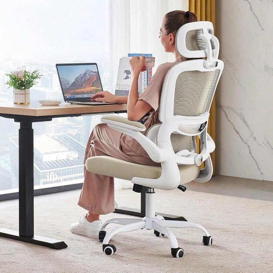 TRALT - Silla de Oficina ergonómica, 330 Libras para el hogar, sillas de computadora de Oficina con Ruedas, cómoda Silla de Juegos (Negro) - Beis - Ver 1