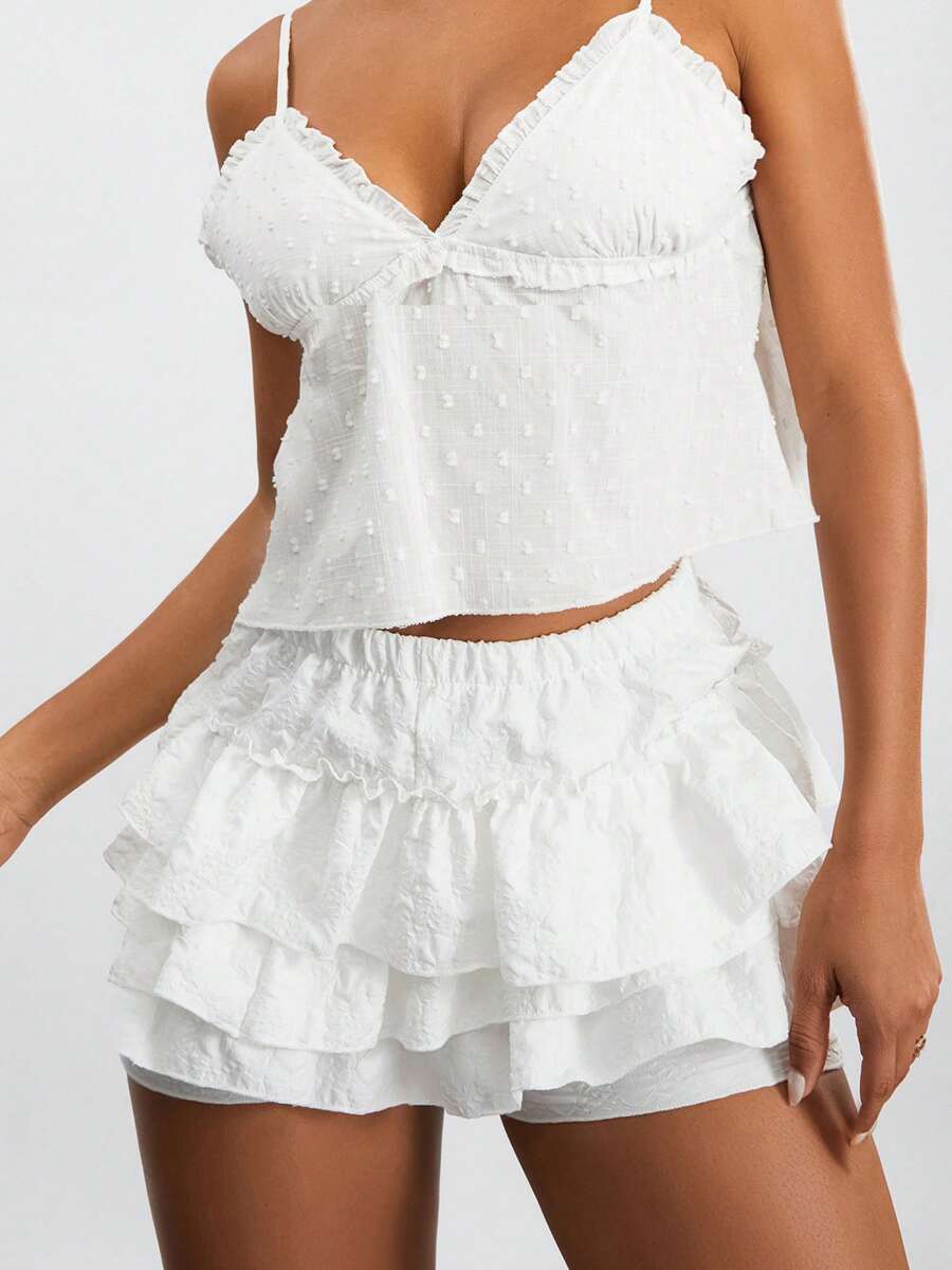 Women's Fashion Bloomers Shorts Solid Color 3D Wrinkled Layered Ruffle Elastic Waist Short Pants Summer Casual Short - White - View 1