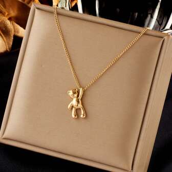 1pc Stainless Steel Necklace With Glossy Zinc Alloy 3D Cartoon Cute Bear Pendant, Minimalist & Versatile Necklace For Women, Suitable For Daily Matching