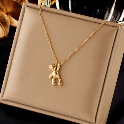 1pc Stainless Steel Necklace With Glossy Zinc Alloy 3D Cartoon Cute Bear Pendant, Minimalist & Versatile Necklace For Women, Suitable For Daily Matching