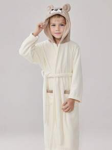 1 Stück Cartoon Bär Farbblock Korallenfleece Kinder Bademantel, weich & bequem, Kinder Bär Winter Nachtwäsche, dicker Kapuzen Lange Robe für Mädchen & Jungen