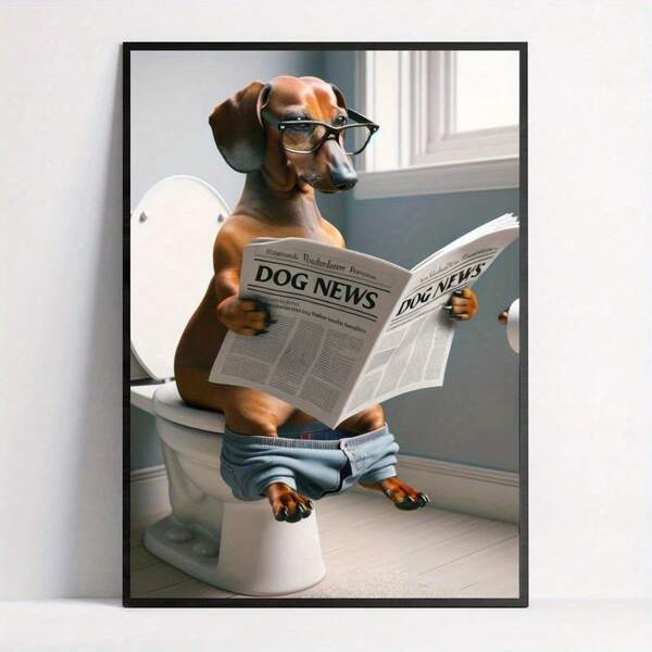 1pc, Canvas Hanging, Framed, Poster, Wall Art, Funny Dachshund Reading Newspaper Wall Art Print - Modern Art Decor Dog News Poster For Home Office, Bathroom, Living Room | Canvas Ink Animal Theme Decor - Indoor Dog Print Wall Hanging, Artwork For Bedroom, Kitchen - Vintage And Modern Style, Portrait Orientation