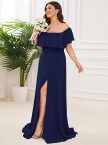 EVERPRETTY Plus Size Elegant Solid Color Off Shoulder Split Bridesmaid Dress - Navy Blue - View 3
