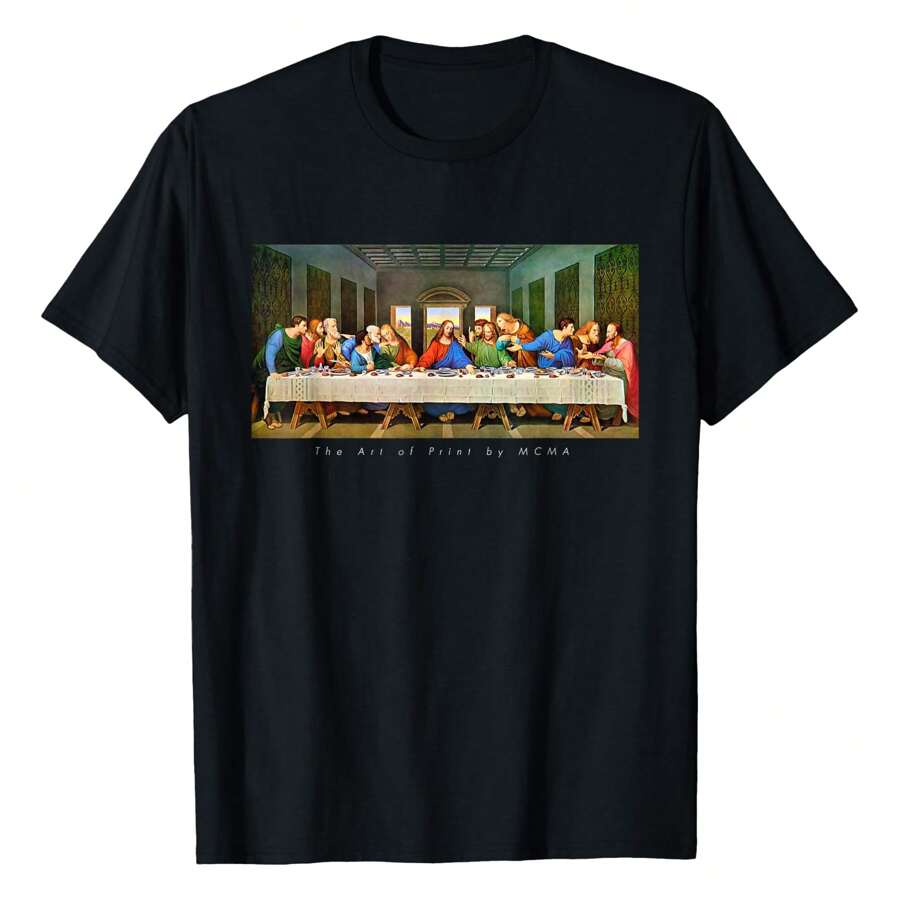 The Last Supper, Leonardo Da Vinci (Restored) T-Shirt Graphic Tees Short Sleeve Casual Women Men T Shirts 100% Cotton Tee Shirt Womens Summer Tops Funny Print Women's T-Shirts Soft Comfy Everyday Wear Daily Gift Woman Tshirt Black - Black - View 1