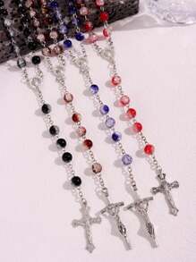 1 pieza Collar con cuentas de diseño agrietado minimalista de moda con colgante de cruz, joyería de cuentas de oración musulmana versátil, regalo para hombres en festividades