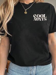 Plus Size Women Loose Round Neck Short Sleeve T-Shirt, "Cool Aunt Club" Funny Slogan Tee, Like Mom But Cooler, Suitable For All Ages, Great For Daily Casual Wear, Outings And Gatherings - Black - View 2