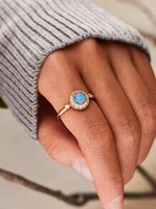 1 件纯银 925 银时尚优雅几何月亮星锆石合成蛋白石指环女士日常佩戴派对珠宝礼物配饰 - 玫瑰金 - 查看 3