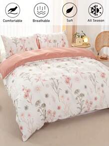 2/3件套粉色花卉印花涤纶被套套装，田园风格柔软透气儿童/女孩卧室床上用品套装，四季皆宜，拉链封口，可机洗（1个被套+1/2个枕套）