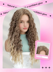 TOIPSHE Stilvolle 26-Zoll Farbverlauf Gold Mittelteil Kleine Locken Synthetische Hitzebeständige Faser Perücke für Frauen, perfekt für Ferien-Partys und den Alltagsgebrauch