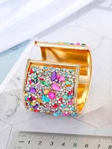 1pc Lightweight Metal Cuff Bracelet With Rhinestone Inlaid Stone Decor, Personalized Armband - Multicolor - View 2