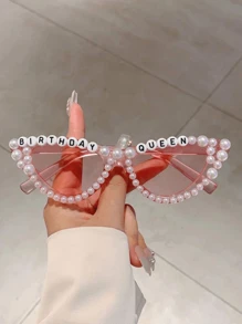 1Pc Women New Full Frame Cat Eye Shaped Fashion Glasses Stylish White Glasses With Faux Pearls Fashion 'Birthday Queen' Letter Frame Multicolor Chic Suitable Birthday Parties And Shows For Summer Beach Vacation,Outdoor,Travel Preppy Style For Back To School