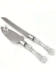 2Pcs/Set Wedding Cake Cutting Set, Including Stainless Steel Blade Cake Knife And Server, Silver Color With Acrylic Faux Crystal Handle, Perfect For Wedding, Bridal Shower, Anniversary, Housewarming And Birthday Gifts Christmas Gift Back To School