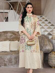 Elegant Embroidered Beaded Abaya Dress, V-Neck, Luxurious Design, Suitable For Saudi National Day, Latest 2025 Collection - Beige - View 8