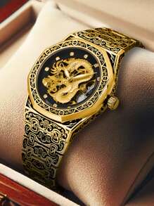 1 pieza Reloj de pulsera automático mecánico elegante y apuesto para hombres jóvenes con caja de acero con diseño estereoscópico de dragón grabado