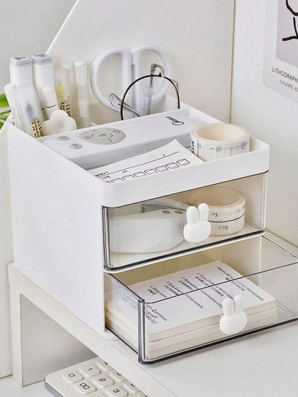 1pc Mini Desk Organizer With 2 Drawers, Office Desk Storage Box, Desktop Organizer, Card/Pen/Pencil/Phone/Stationery Holder, For Office, School, Home, Makeup